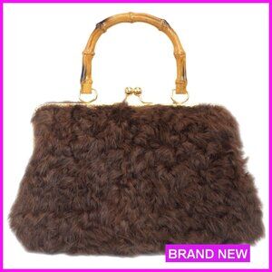 Faux Karakul Curly Rabbit Fur Handbag Vintage Kisslock Frame Bamboo Handle